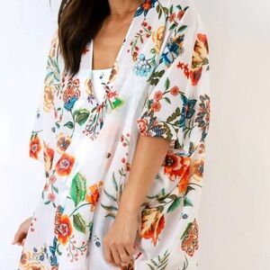 EUC Johnny Was Ardela Kimono sz S/M white floral print